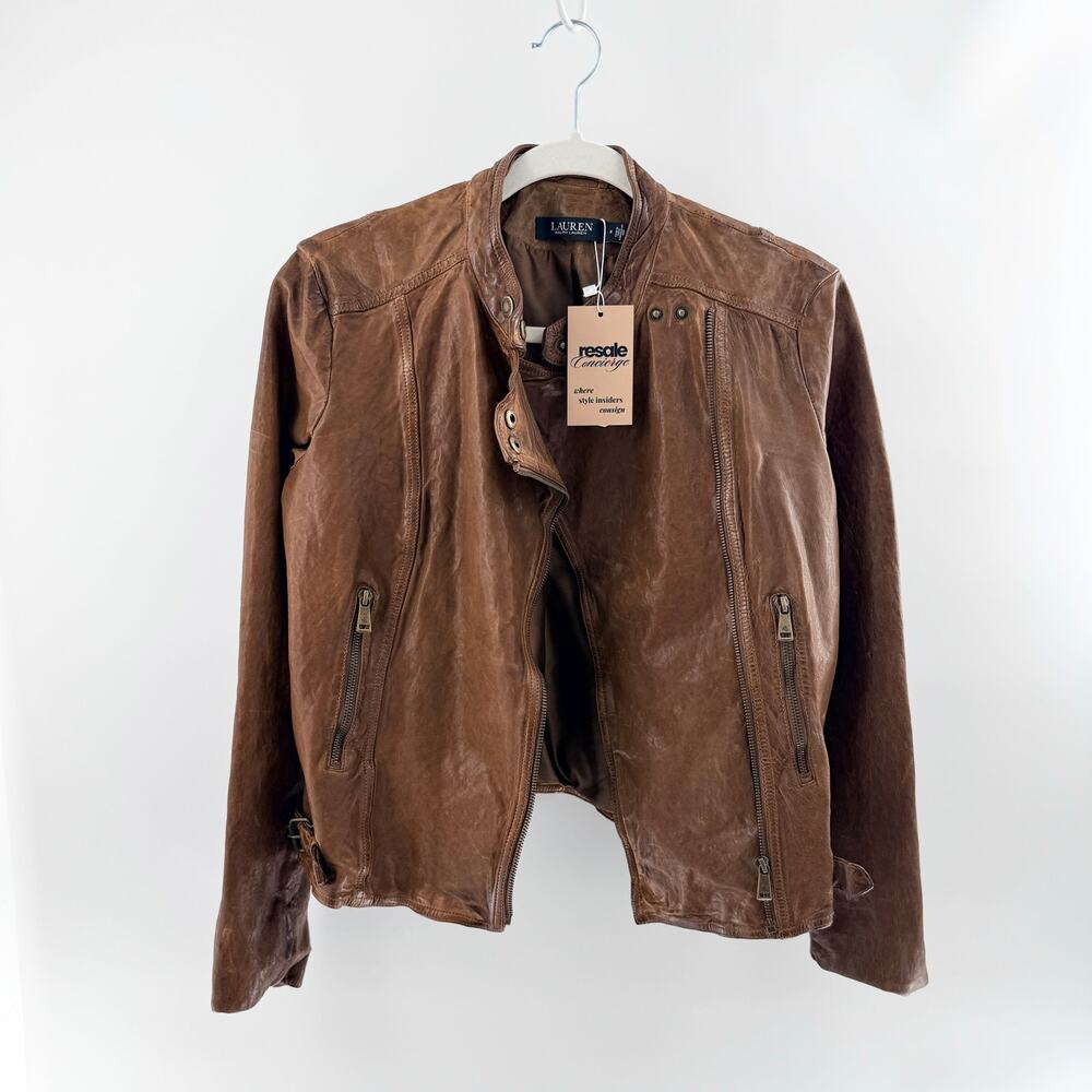 Lauren Ralph Lauren Long Sleeve Full Zip Moto Leather Jacket Brown Womens Size 6